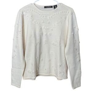 Liz‎ Claiborne Collection Cream Merino Wool Sweater Beaded Floral Embroidered M